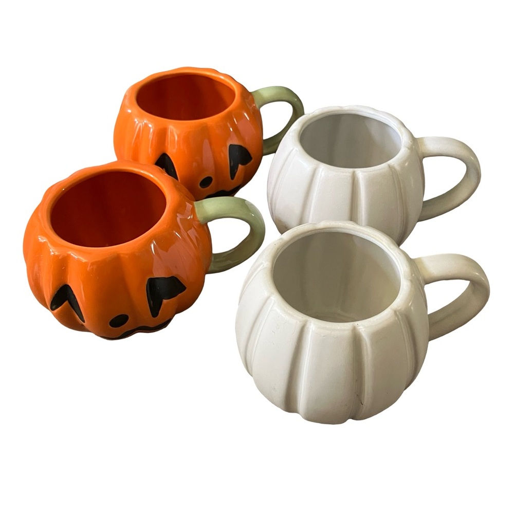 Hyde and Eek Boutique Set of 4 White & Orange Pumpkin Mugs Stoneware Fall
